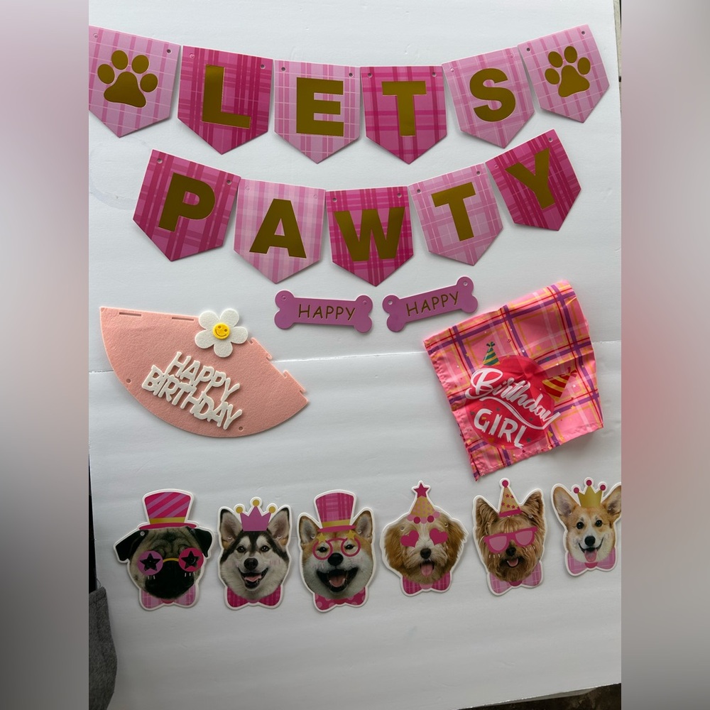 Let’s Pawty, dog birthday party kit,Let’s Pawty banner , birthday hat, bandanna